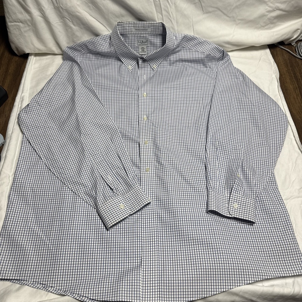 LL Bean Mens Shirt Size XXL 18 Blue/White Check Plaid 100% Cotton Wrinkle Resist